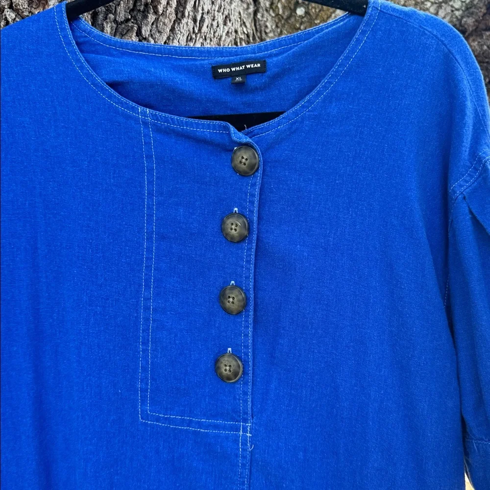 Who What Wear Blue 55% linen 45% cotton puff sleeve midi dress.2 pockets.Size XL